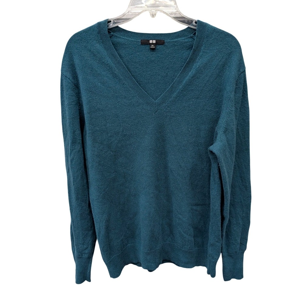 Uniqlo Men's 100% Cashmere V-Neck Sweater Teal‎ Blue Knit Pullover- XXL